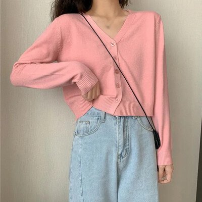 Moteriški megztiniai su trumpomis rankovėmis ilgomis rankovėmis megztiniai megztiniai su V kaklu, moteriški rudens pavasario megzti vienaeiliai