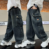 Pantaloni cargo de buzunar pentru copii de toamnă pentru adolescenți, pantaloni drepti largi, cu picioare largi, băieți prăjiți, blugi frumoși pentru băieți 5-14 ani