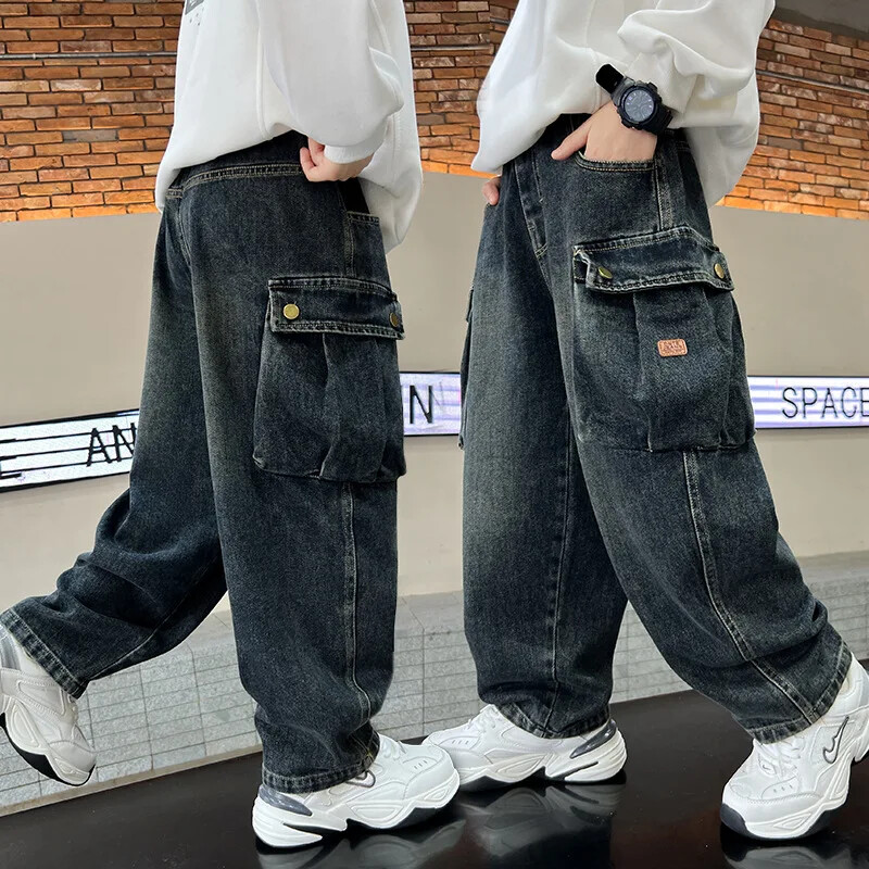 Pantaloni cargo de buzunar pentru copii de toamnă pentru adolescenți, pantaloni drepti largi, cu picioare largi, băieți prăjiți, blugi frumoși pentru băieți 5-14 ani