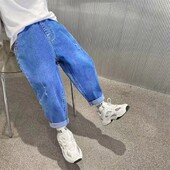 Gyerek Fiúk Farmer Kék Elasztikus Derék Farmer Nadrág Gyermekruházat Laza alkalmi fiú nadrág 5 6 7 8 9 10 11 12 13 14 éves