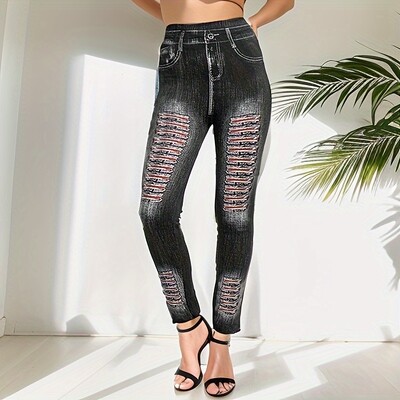 PD395 új európai és amerikai divatos, csíkos, nyomott farmer ihlette leggings elasztikus csípőemelő vágott nadrággal