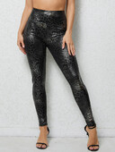 Préselt magas derekú harisnya, fekete és szürke szerpentin bőr leggingsben