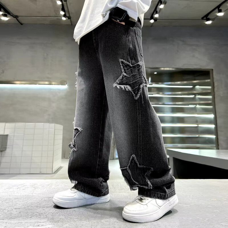 Pantaloni pentru copii Nouă modă Adolescenți Băieți Denim Pantaloni largi Pantaloni pentru copii Primăvara Toamnă Blugi cu margine brută cu îmbinare cu stele 5-14 ani