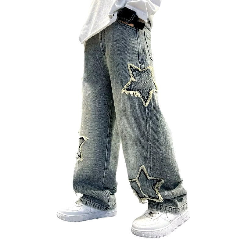 Pantaloni pentru copii Nouă modă Adolescenți Băieți Denim Pantaloni largi Pantaloni pentru copii Primăvara Toamnă Blugi cu margine brută cu îmbinare cu stele 5-14 ani