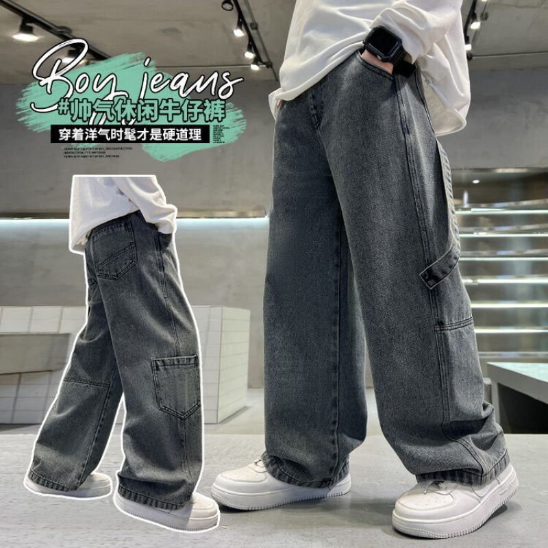 Pusaudžu zēni Cargo Džinsi Pavasaris Rudens Jauni Bērni Platas Džinsu Bikses Bērniem Brīvas Kabatas Bikses 5 7 9 11 13 15 gadi
