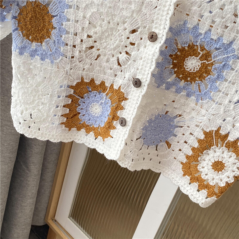 Vecmāmiņas kvadrātveida tamborēts pogāms tops ar īsām piedurknēm, caurspīdīgs, adīts Crop jaciņš sievietēm pusaudžu meitenes pasaku vintage apģērbs