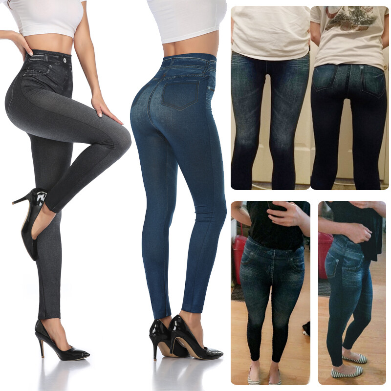 Jambiere din denim artificial cu talie înaltă Push Up, fără sudură, pentru femei, ocazional, cu buzunare elastice, pantaloni cu imprimeu, pantaloni skinny creion.