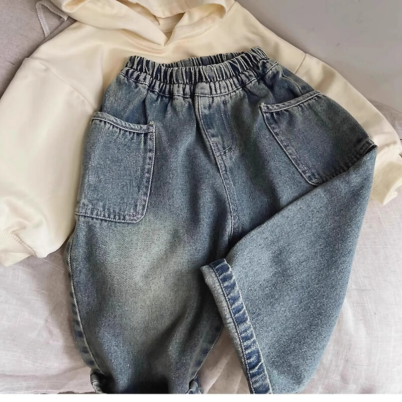 2024 primăvară toamnă copii băieți denim pantaloni buzunar lateral lustruit alb copii băieți pantaloni talie elastică casual bebeluși băieți pantaloni