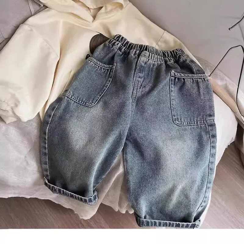 2024 primăvară toamnă copii băieți denim pantaloni buzunar lateral lustruit alb copii băieți pantaloni talie elastică casual bebeluși băieți pantaloni