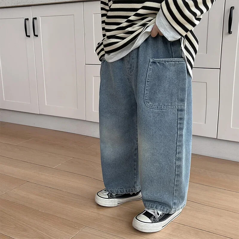 2024 primăvară toamnă copii băieți denim pantaloni buzunar lateral lustruit alb copii băieți pantaloni talie elastică casual bebeluși băieți pantaloni
