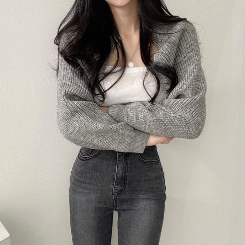 Női kardigán kötött, hosszú ujjú ultrarövid kendő tavaszi őszi pulóver