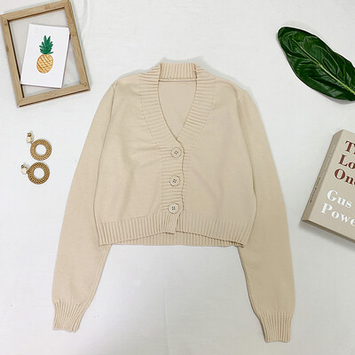 Moteriški sutrumpinti megztiniai Moteriški juodi balti trumpi megztiniai V kaklo džemperis su viena krūtine Moteriškas megztas megztinis GD153