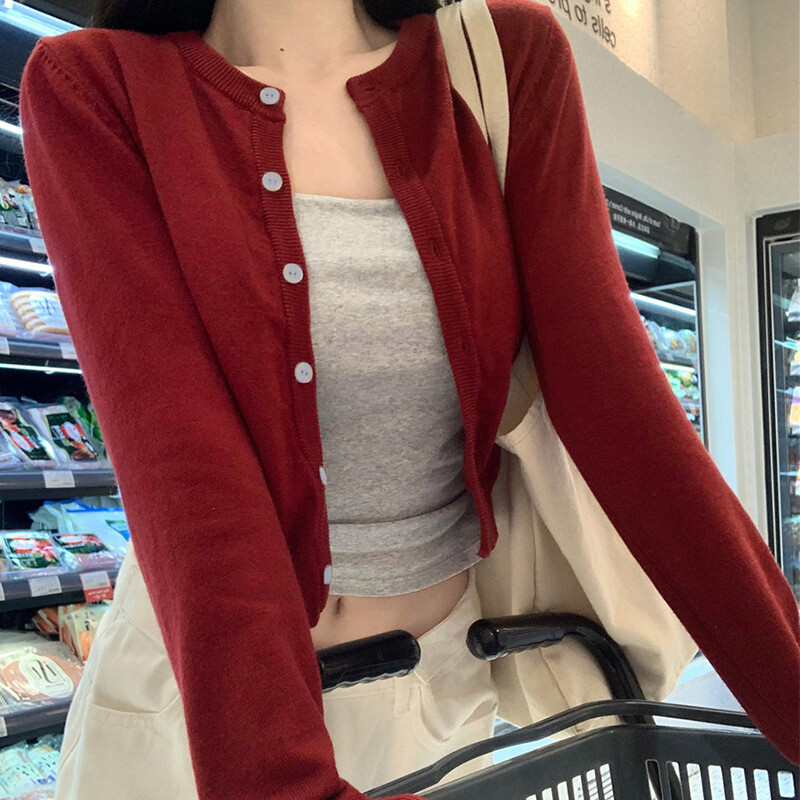 Alobee Red Cardigan Kötött kora őszi női ruhák Új 2024 Outdoor Crop Pulóver Felsőruházat Hosszú ujjú alsó alsó ing