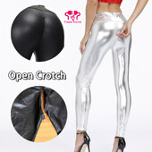 Nő szexi nyitott lábszár nadrág Bőr rugalmas vékony PU bugyi Rejtett cipzáras PU nadrág pár szabadtéri szex jelmez