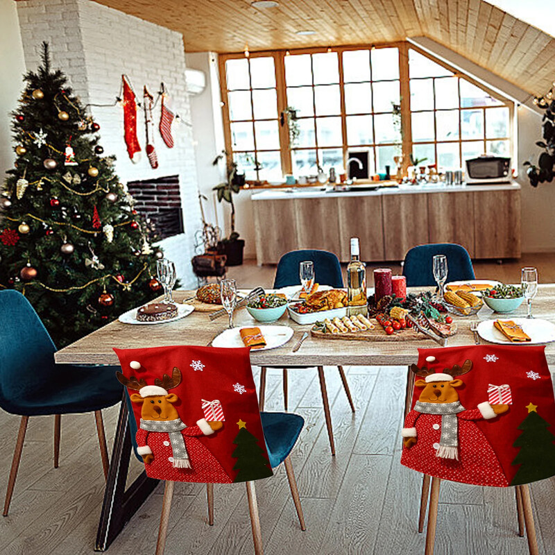 2025 Anul Nou Crăciun drăguț Moș Crăciun Om de zăpadă Ren Fulg de zăpadă pentru scaune de spate Huse pentru scaune de mese moi Huse pentru scaune de Crăciun