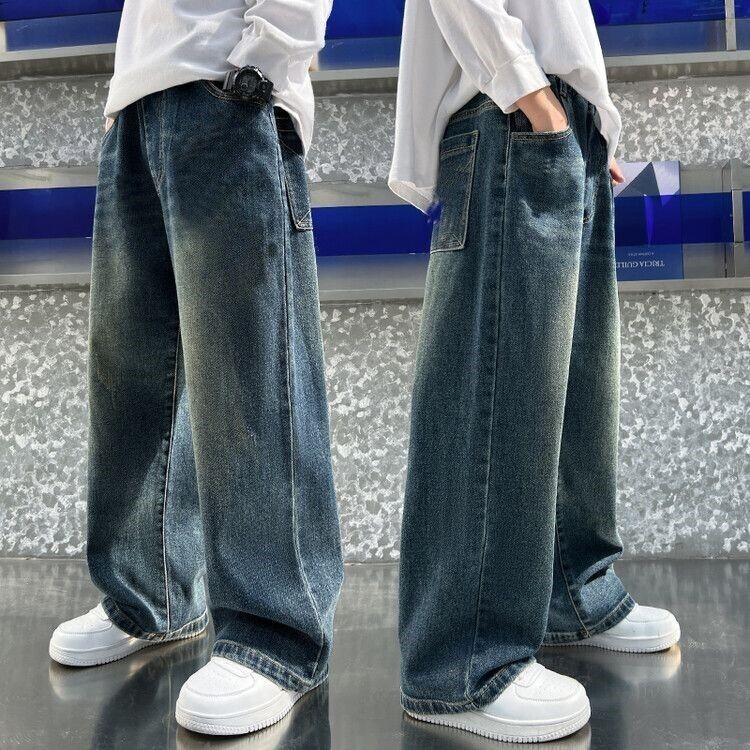 Lapsed püksid poisid Korea laste taskuriided 2024 kevad uued püksid sirged laiad sääred Teksad kevad uus kvaliteetne A14