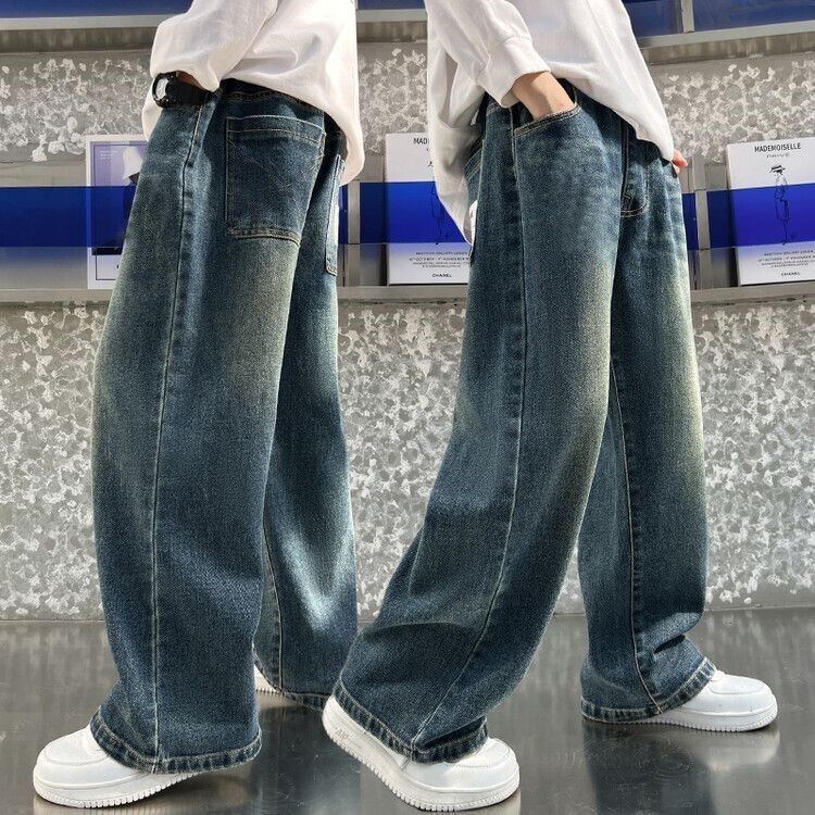 Lapsed püksid poisid Korea laste taskuriided 2024 kevad uued püksid sirged laiad sääred Teksad kevad uus kvaliteetne A14