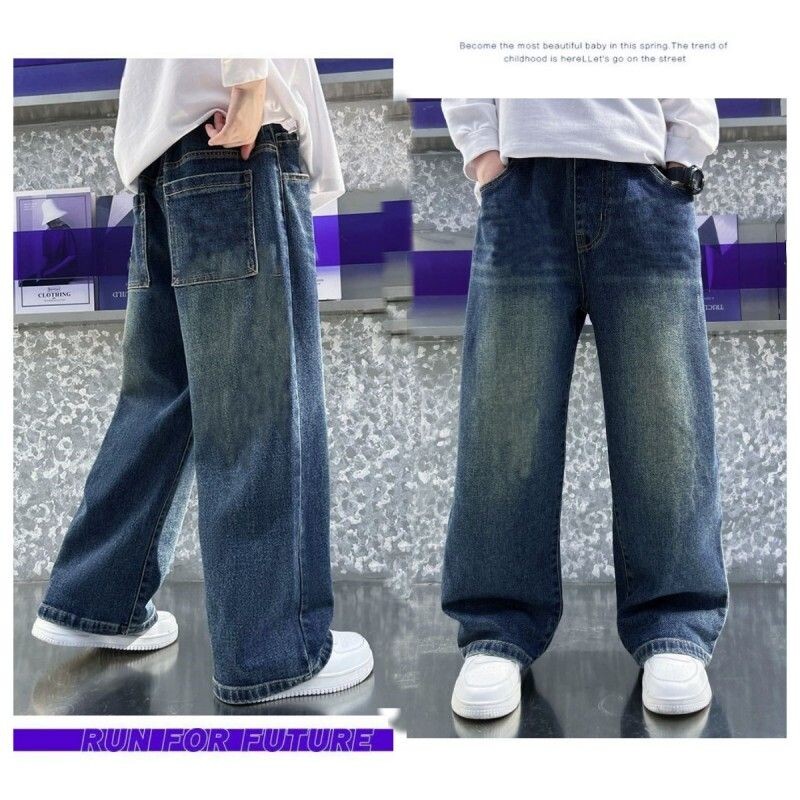 Lapsed püksid poisid Korea laste taskuriided 2024 kevad uued püksid sirged laiad sääred Teksad kevad uus kvaliteetne A14