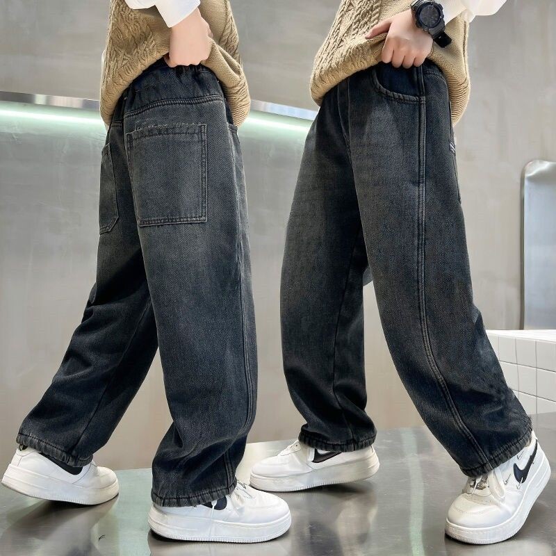 Lapsed püksid poisid Korea laste taskuriided 2024 kevad uued püksid sirged laiad sääred Teksad kevad uus kvaliteetne A14