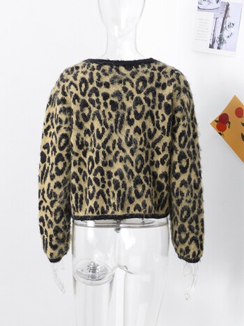 Μόδα πλεκτό Leopard Print Mohair πουλόβερ Ζακέτα Γυναικεία Κομψό πουλόβερ με μακρυμάνικο λαιμόκοψη Κομψό φθινοπωρινό πλεκτό Lady Street