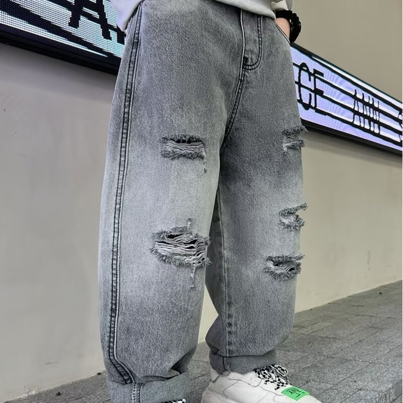 Gyermek őszi nadrágok, rongyos fiúk farmernadrágok, tavaszi és őszi hosszúnadrágok, őszi új nyugati stílusú robbanékony utcai trend