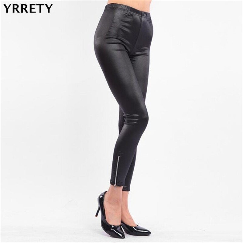 YRRETY jauns rudens modes mākslīgās ādas legingi sievietēm šauras bikses, melnas rāvējslēdzēja rotājumi, bikses ar augstu vidukli