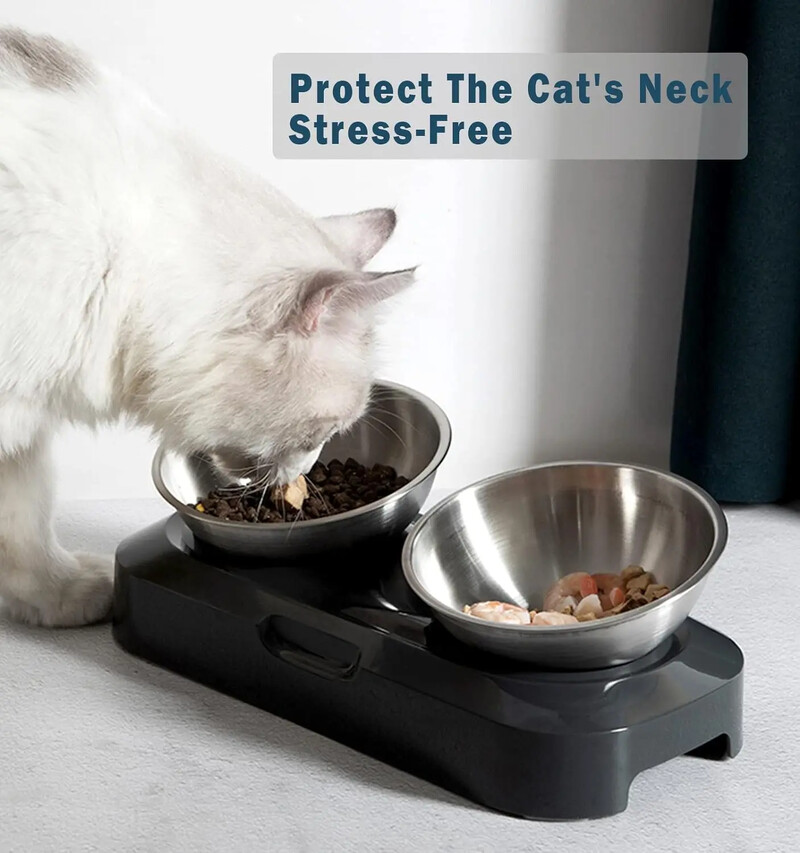 Bol de apă pentru pisici Set de hrană din oțel inoxidabil cu bază rezistentă la scurgeri, design ridicat, set de bol pentru pisici anti-vărsături bol cu apă pentru pisici