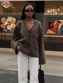 2024, clasic, elegant, solid, cu decolteu în V, cardigan cu buzunar, pentru femei, ocazional, cu mâneci lungi, pulover cu un singur piept, largi, toamnă, îmbrăcăminte de stradă pentru doamnă