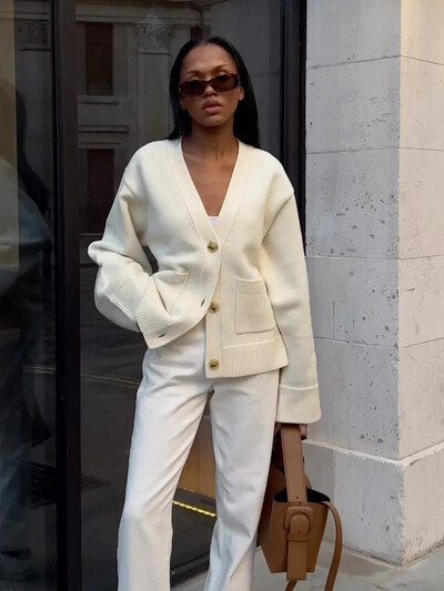 2024, clasic, elegant, solid, cu decolteu în V, cardigan cu buzunar, pentru femei, ocazional, cu mâneci lungi, pulover cu un singur piept, largi, toamnă, îmbrăcăminte de stradă pentru doamnă