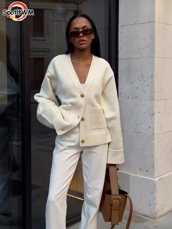 2024, clasic, elegant, solid, cu decolteu în V, cardigan cu buzunar, pentru femei, ocazional, cu mâneci lungi, pulover cu un singur piept, largi, toamnă, îmbrăcăminte de stradă pentru doamnă