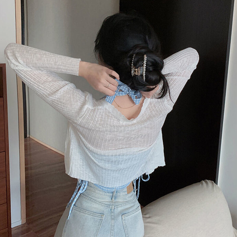 Rimocy 2024. gada saules aizsardzības jaka sievietēm vasaras plānās, vienas pogas adīts sieviešu mētelis, seksīgs, caurredzams, zīda, apgrieztas krāsas topi