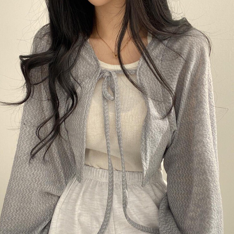 Moterų apsaugos nuo saulės megztinis Laisvas paltas Žibintas Rankovės Suvarstomas surišamas megztinis trumpas plonas vasarinis viršutinis drabužis
