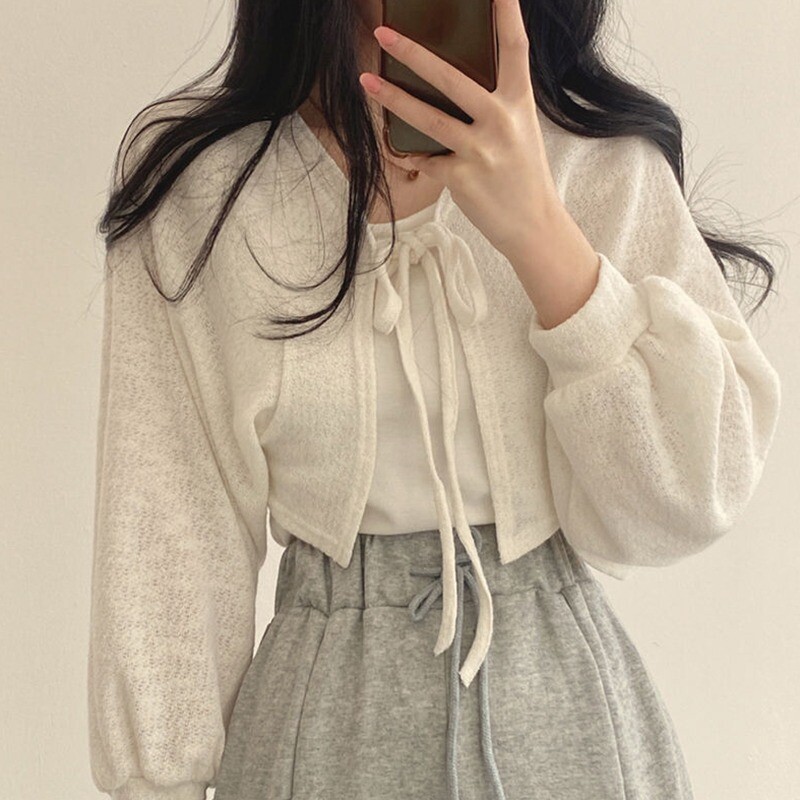 Moterų apsaugos nuo saulės megztinis Laisvas paltas Žibintas Rankovės Suvarstomas surišamas megztinis trumpas plonas vasarinis viršutinis drabužis