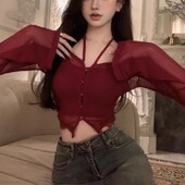 Cămașă subțire de protecție solară cu gât agățat pentru femei Sexy Spicy Girl cardigan scurt Top de culoare solidă Cămașă subțire cu mâneci lungi