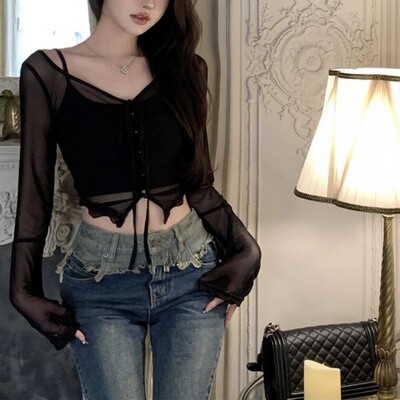 Cămașă subțire de protecție solară cu gât agățat pentru femei Sexy Spicy Girl cardigan scurt Top de culoare solidă Cămașă subțire cu mâneci lungi