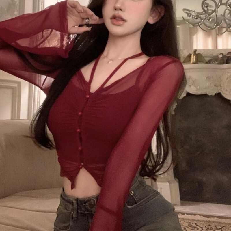 Cămașă subțire de protecție solară cu gât agățat pentru femei Sexy Spicy Girl cardigan scurt Top de culoare solidă Cămașă subțire cu mâneci lungi