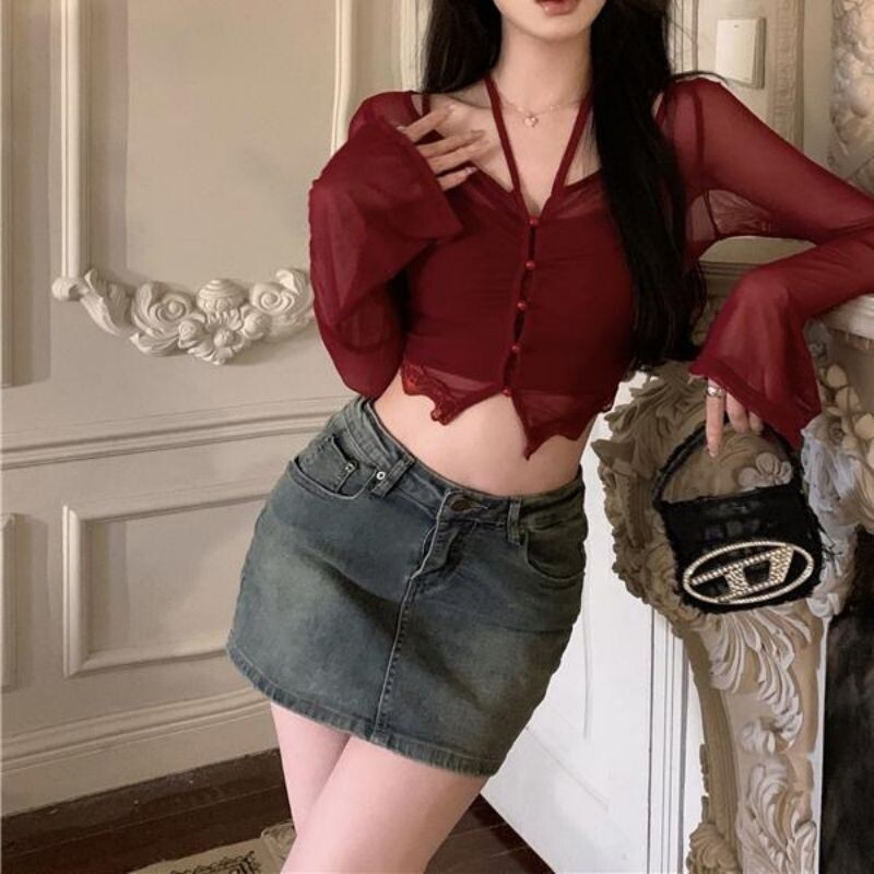 Cămașă subțire de protecție solară cu gât agățat pentru femei Sexy Spicy Girl cardigan scurt Top de culoare solidă Cămașă subțire cu mâneci lungi