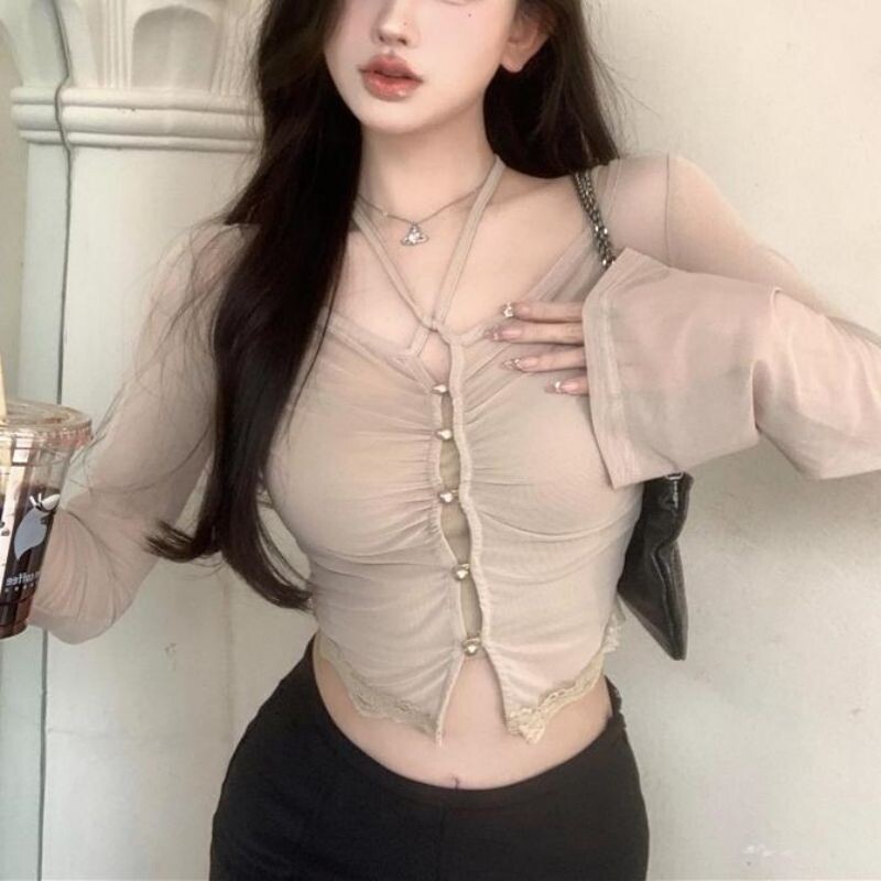 Cămașă subțire de protecție solară cu gât agățat pentru femei Sexy Spicy Girl cardigan scurt Top de culoare solidă Cămașă subțire cu mâneci lungi