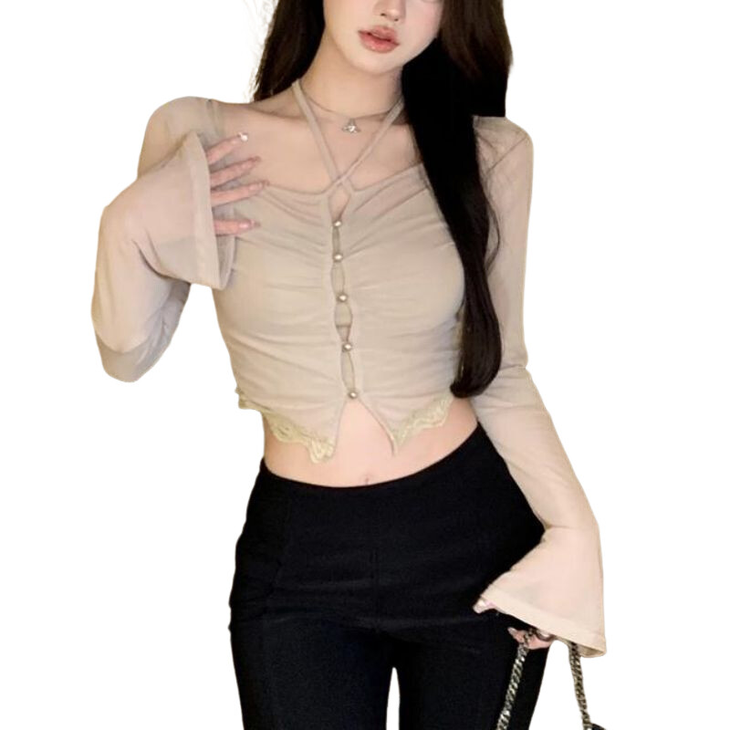 Cămașă subțire de protecție solară cu gât agățat pentru femei Sexy Spicy Girl cardigan scurt Top de culoare solidă Cămașă subțire cu mâneci lungi