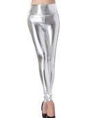 Moda europeană și americană PU argintiu piele strălucitoare pantaloni cu nouă puncte talie înaltă jambiere de club de noapte din imitație de piele strânși