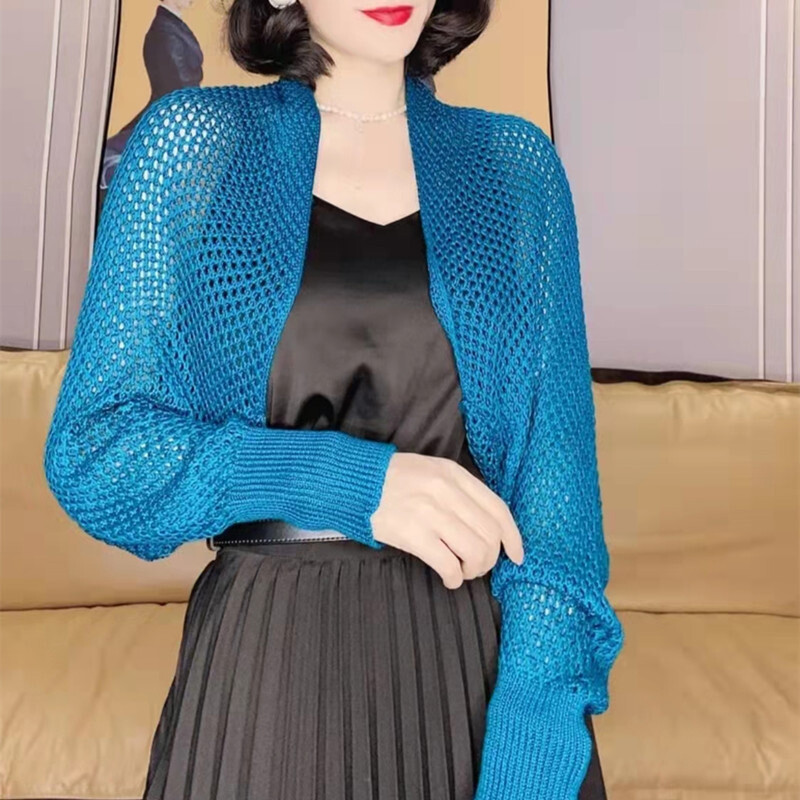 Fényvédő Crop Kötött kardigán női koreai stílusú egyszínű vékony kardigán kabát női egyszerű hosszú ujjú smokett felső női