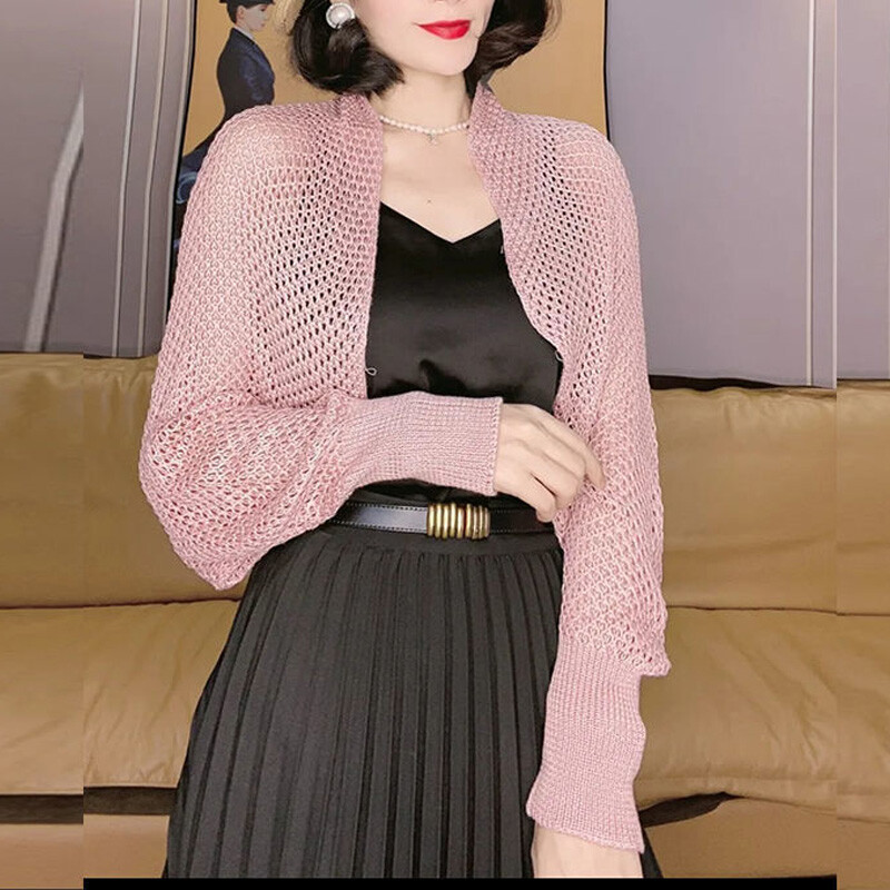 Fényvédő Crop Kötött kardigán női koreai stílusú egyszínű vékony kardigán kabát női egyszerű hosszú ujjú smokett felső női