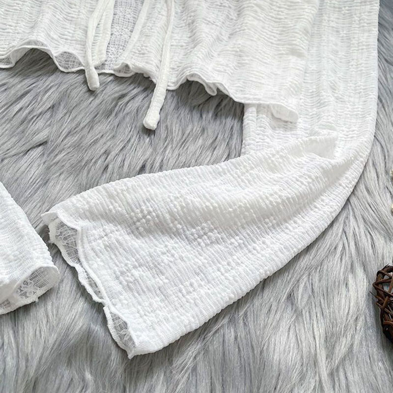 Fehér fényvédő kardigán női nyári vékony, fűzős, V-nyakú Crop felsők női Wild Hollow Out hosszú ujjú napvédő ingek