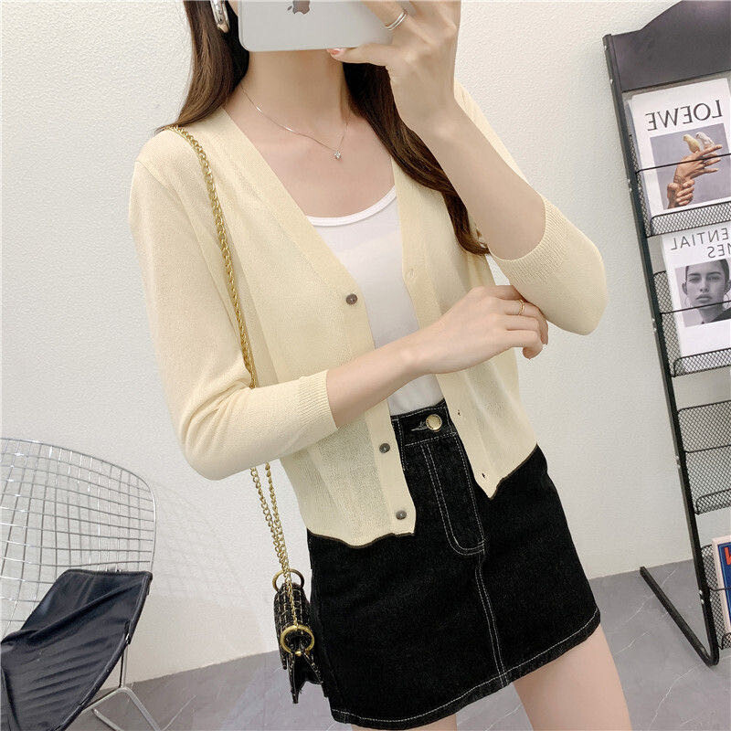 Pavasarinis ir vasarinis moteriškas megztas megztas kardiganas V formos iškirpte ir 3/4 rankovėmis, marškiniai su oro kondicionieriumi, lediniai drobiniai apsauginiai drabužiai nuo saulės