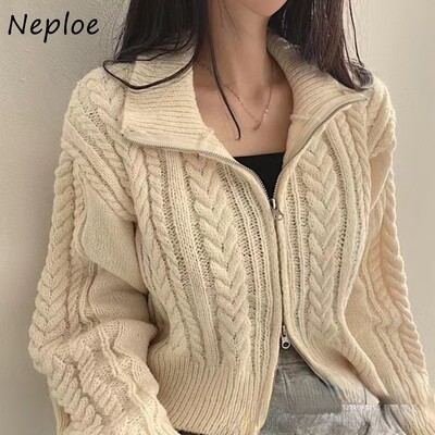 Neploe Harajuku Sweet Duple Zipper Tops Womnen Y2k Vintage Crop Top Džemperi Mujer Labavi pleteni kardigan dugih rukava