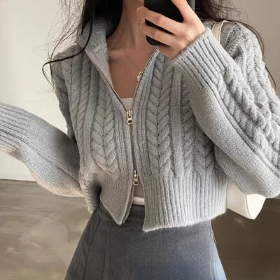 Neploe Harajuku Topuri cu fermoar dublu dulci Femei Y2k Vintage Crop Top Pulovere Mujer Maneca lunga Cardigan tricotat liber