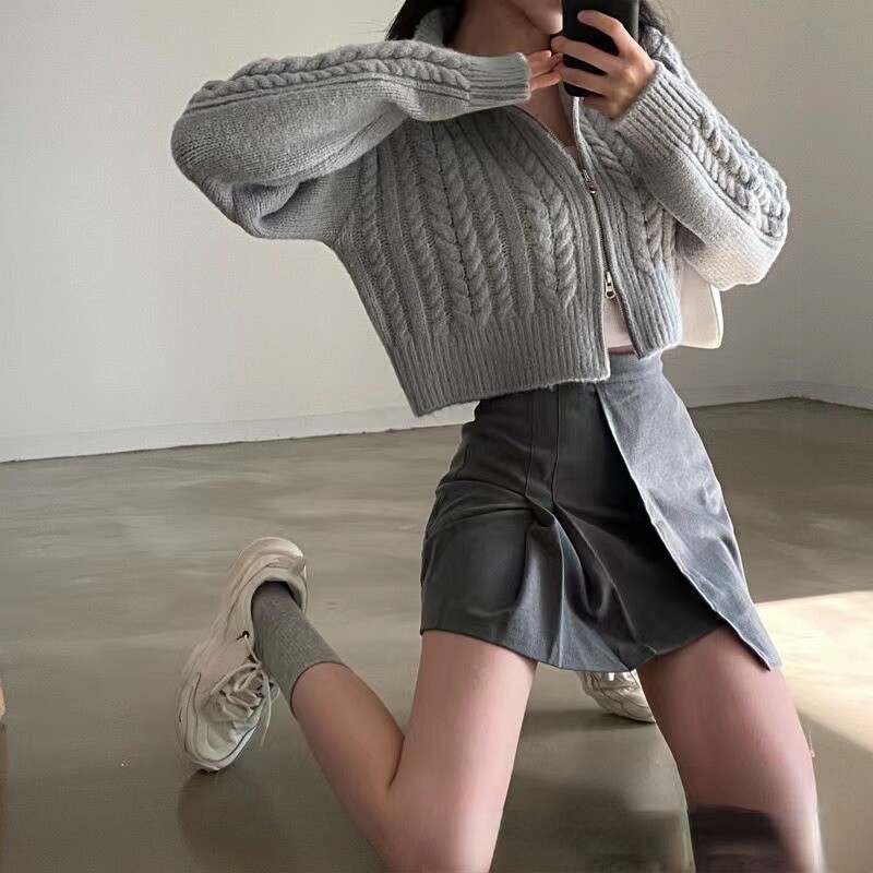 Neploe Harajuku Topuri cu fermoar dublu dulci Femei Y2k Vintage Crop Top Pulovere Mujer Maneca lunga Cardigan tricotat liber