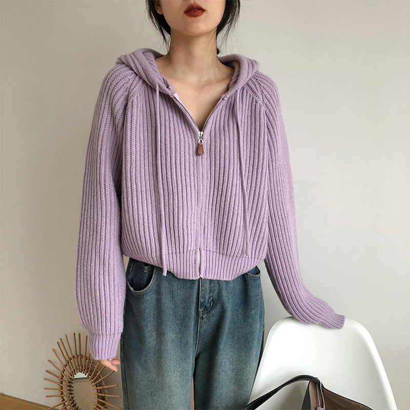 MEXZT Cardigan tricotat cu glugă, pulover decupat, îmbrăcăminte exterioară de iarnă, tricotaj, pulover coreean cu mânecă lungă, nou