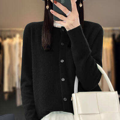 Toamnă și iarnă nou merinos 100% lână culoare uni caldă femeie decolteu O tricot cardigan cu mânecă lungă de culoare uni