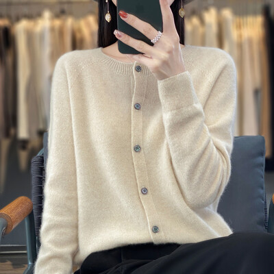 Toamnă și iarnă nou merinos 100% lână culoare uni caldă femeie decolteu O tricot cardigan cu mânecă lungă de culoare uni